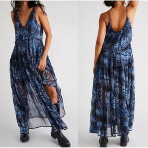 Free People Julianna Watercolor Butterfly Tiered Maxi Dress Size S Dark Fairy